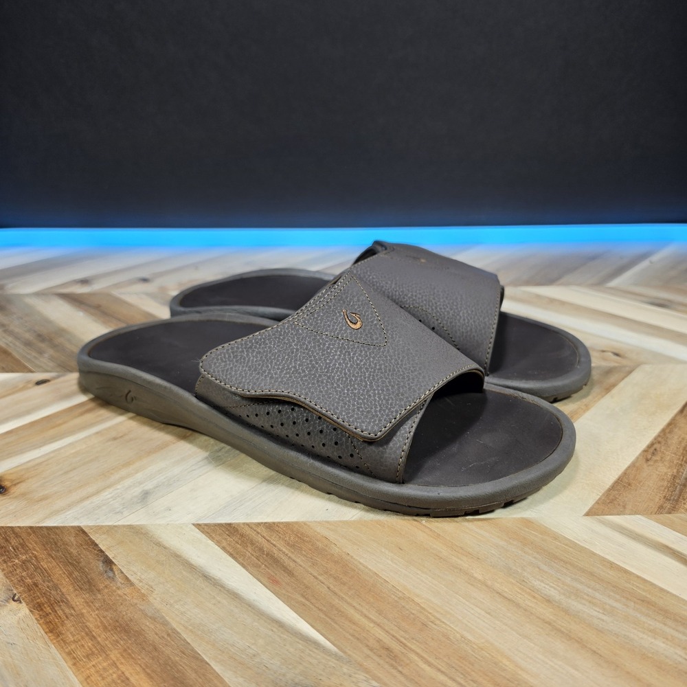 OluKai Sandals Men sz 15 Nalu Slide Dark Java Brown Beach Slide Ventilated Strap
